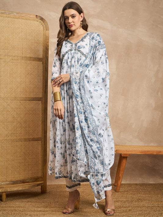 Floral Printed V-Neck Thread Work Empire Anarkali Kurta With Trousers & Dupatta