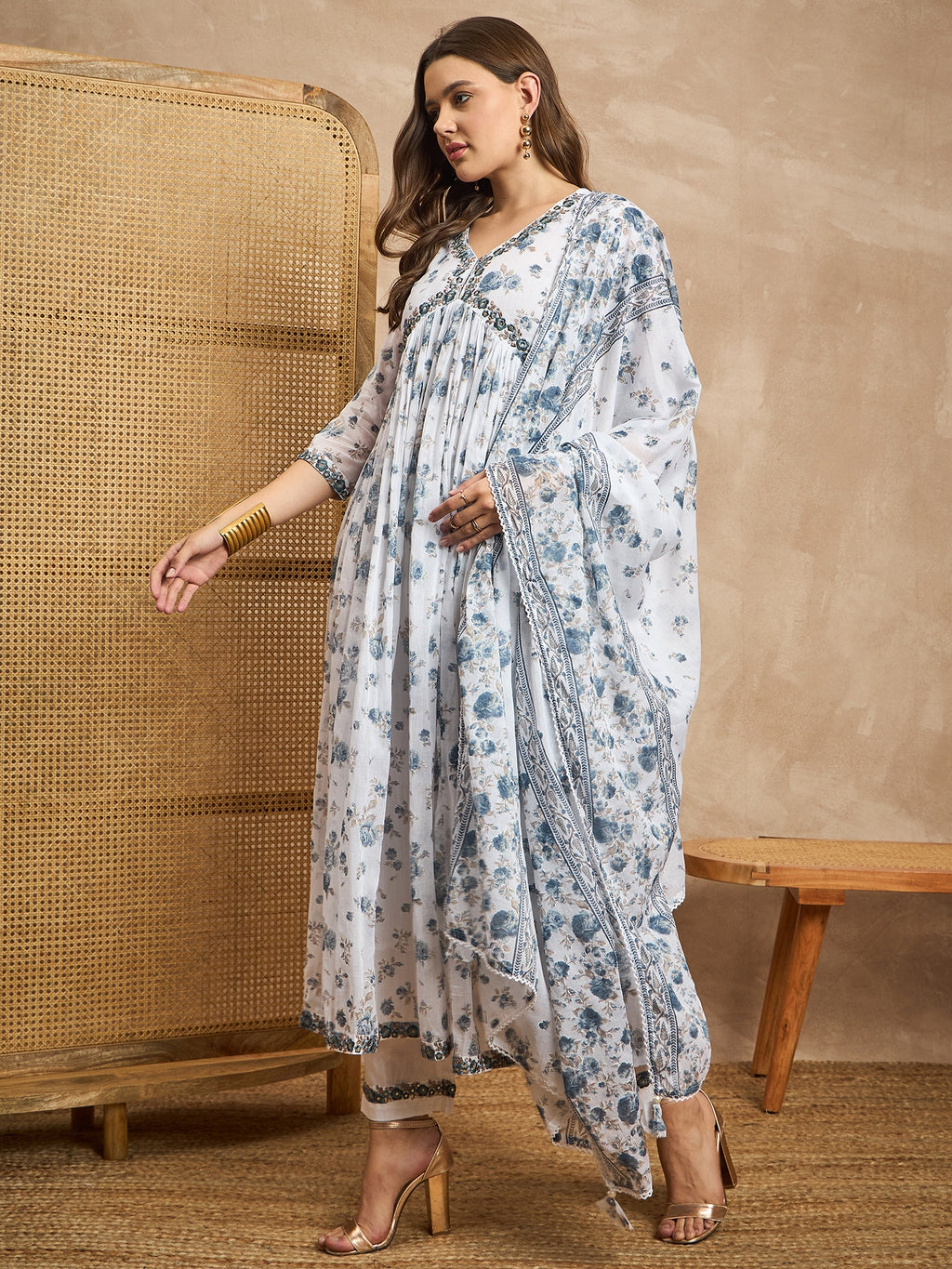 Floral Printed V-Neck Thread Work Empire Anarkali Kurta With Trousers & Dupatta