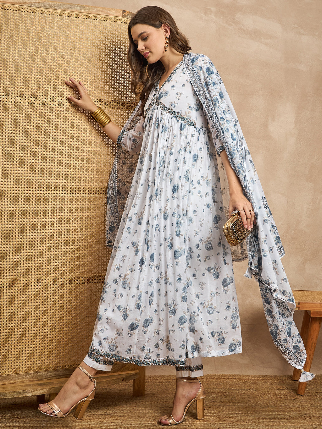 Floral Printed V-Neck Thread Work Empire Anarkali Kurta With Trousers & Dupatta