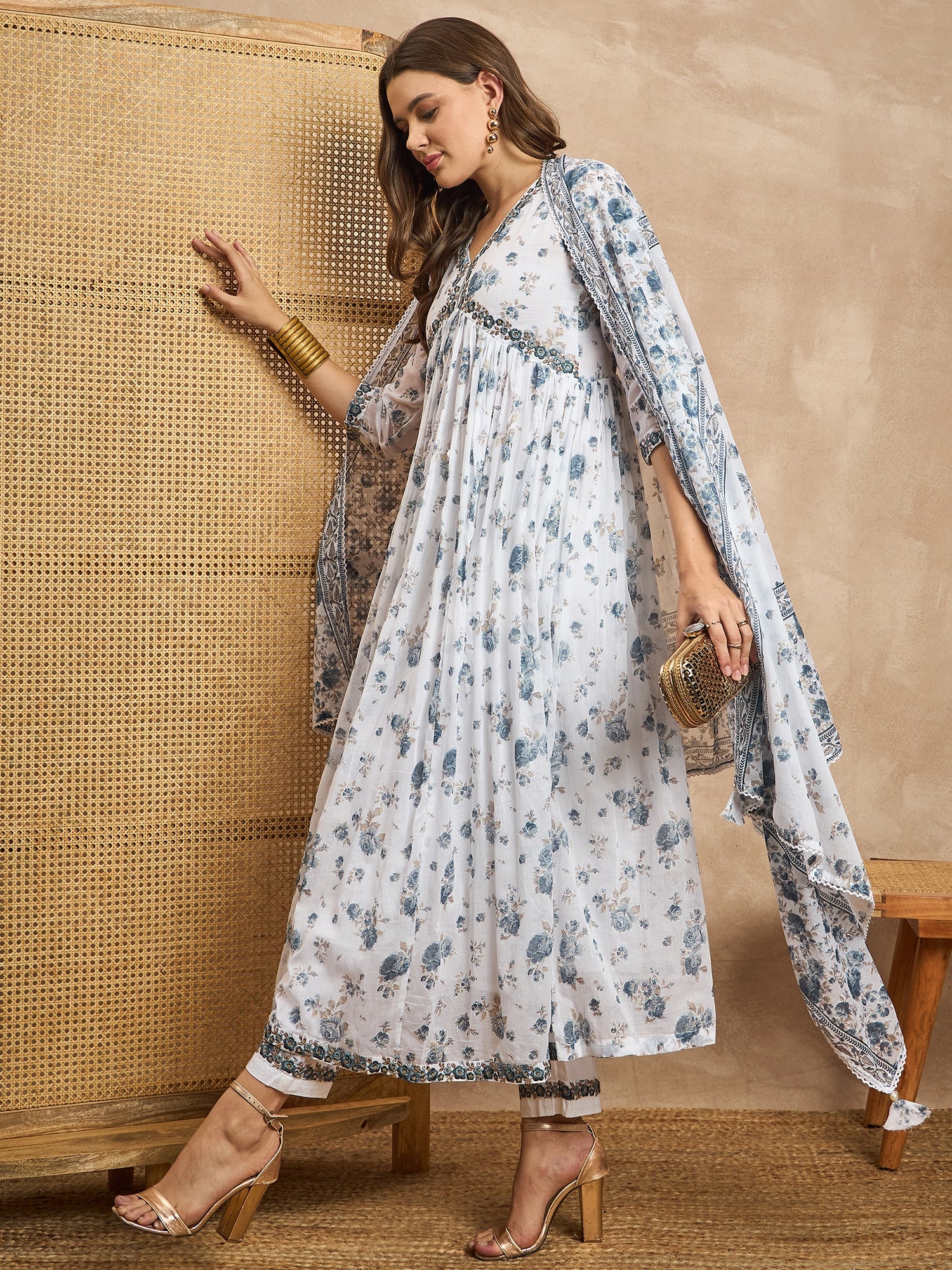 Floral Printed V-Neck Thread Work Empire Anarkali Kurta With Trousers & Dupatta