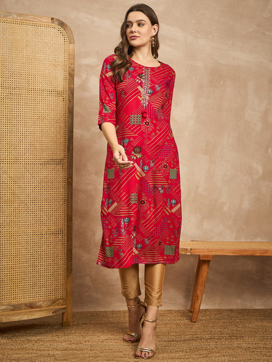 Geometric Printed Beads and Stones Straight Kurta