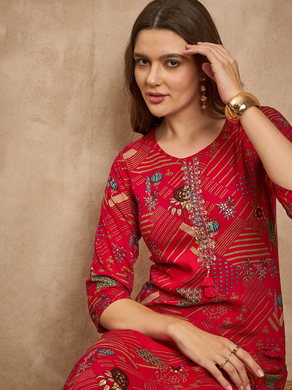 Geometric Printed Beads and Stones Straight Kurta