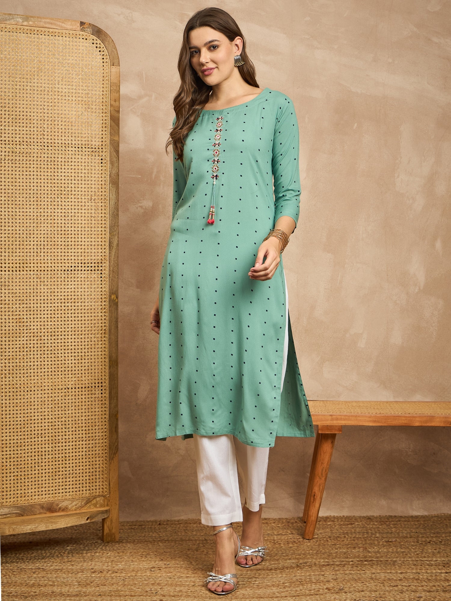 Polka Dots Printed Beads and Stones Straight Kurta