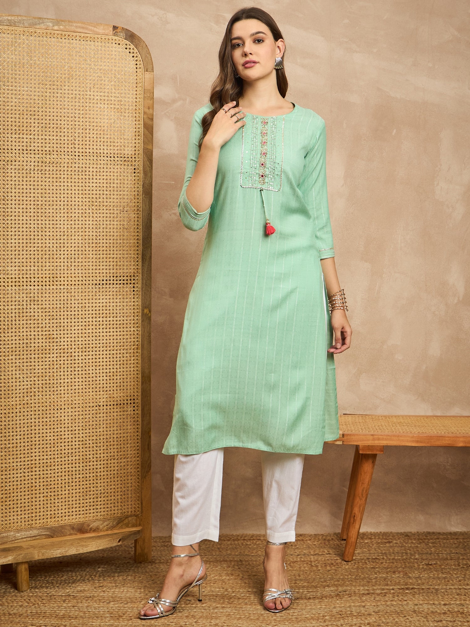 Striped Embroidered Mirror Work Straight Kurta