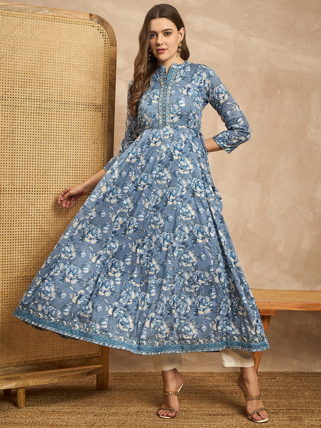 Women Floral Printed Embroidered Maxi Dress