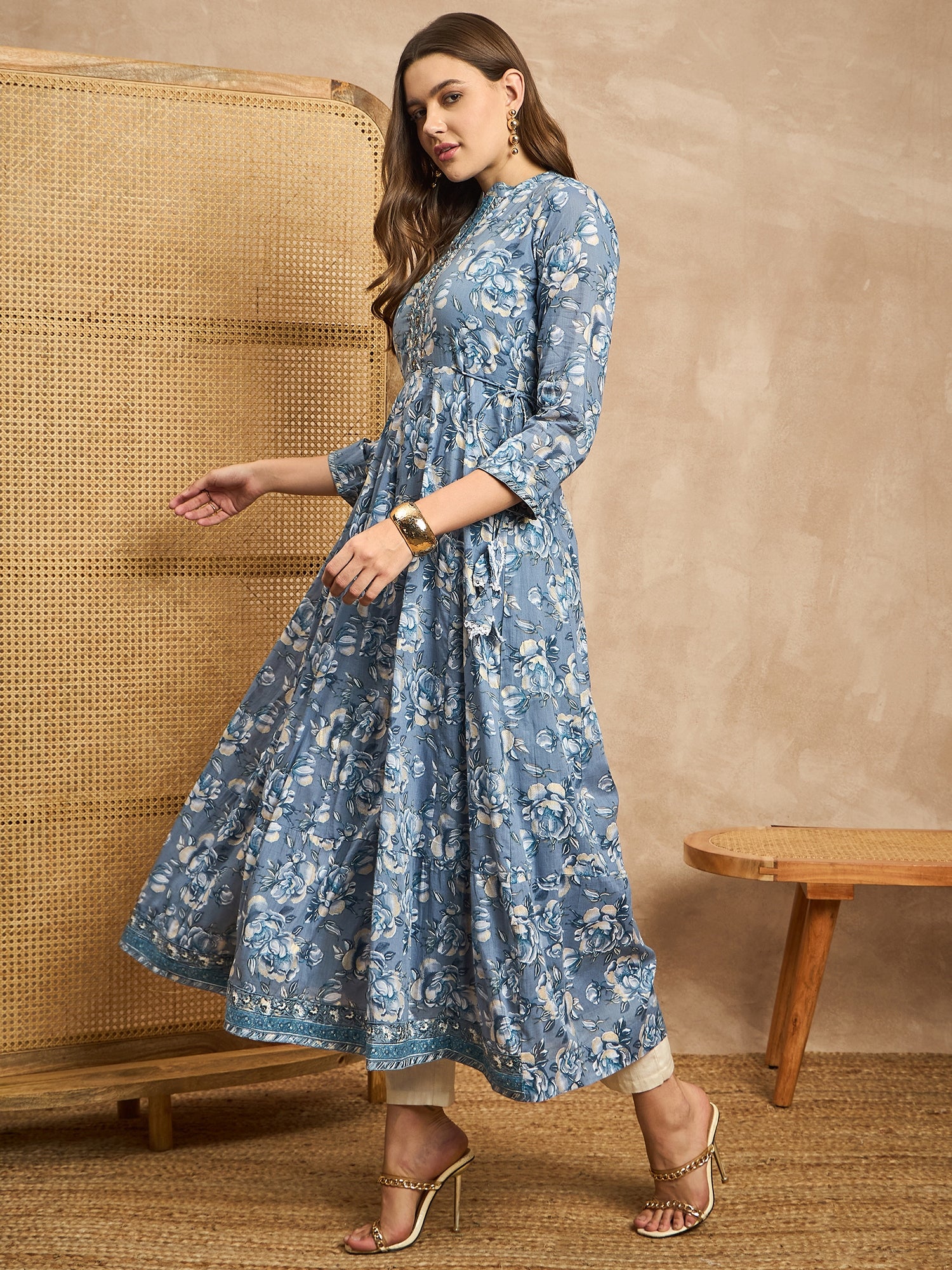 Women Floral Printed Embroidered Maxi Dress