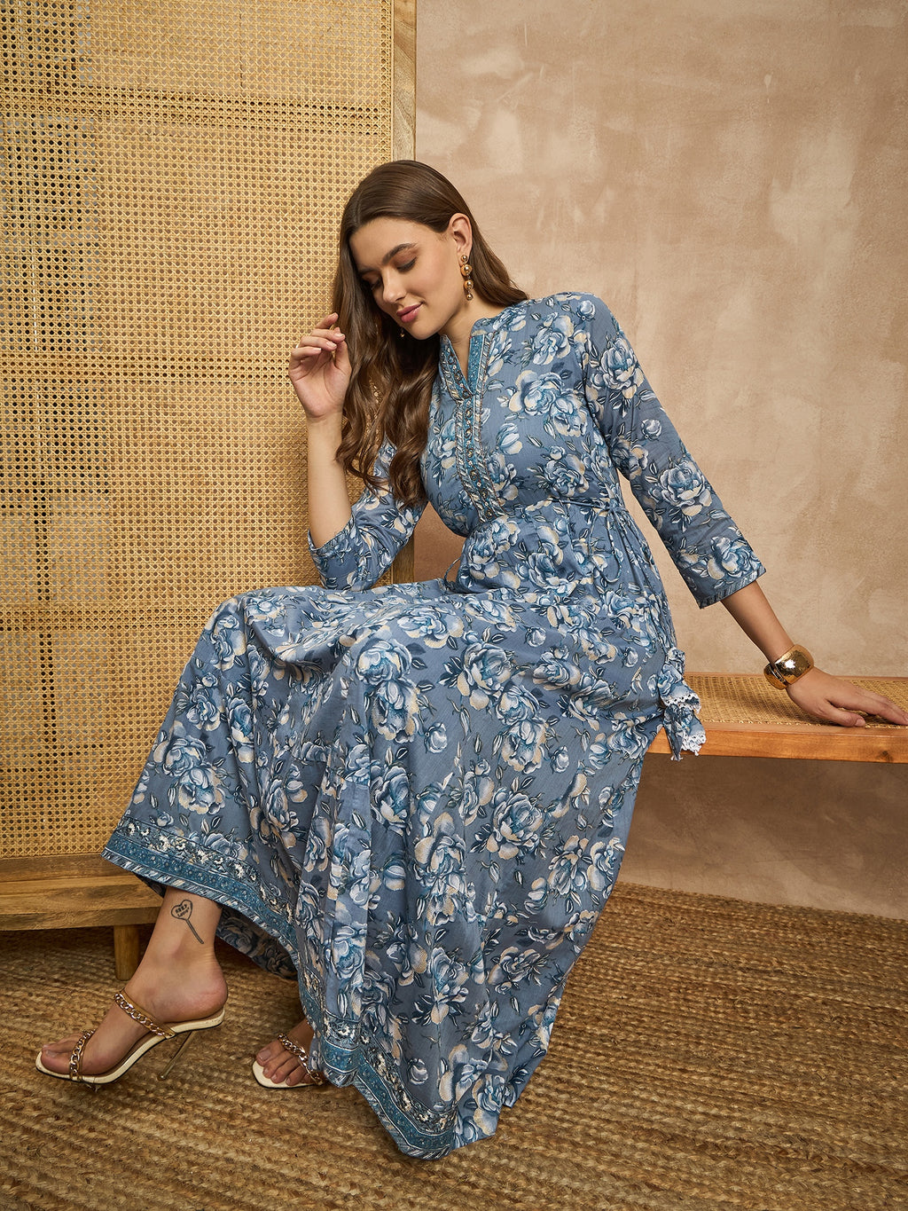 Women Floral Printed Embroidered Maxi Dress