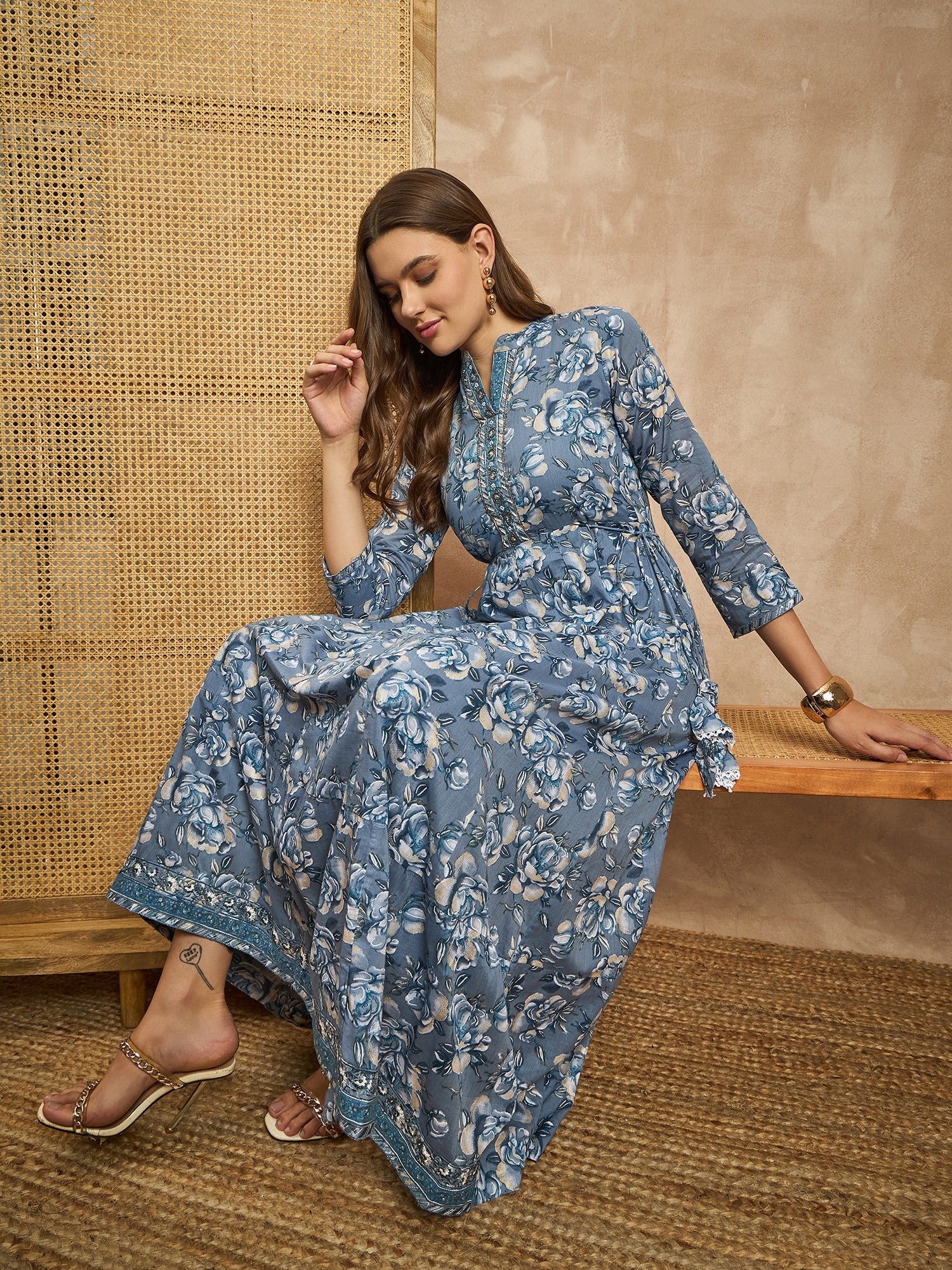 Women Floral Printed Embroidered Maxi Dress
