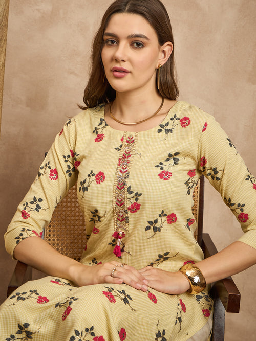 Floral Printed Beads and Stones Straight Kurta