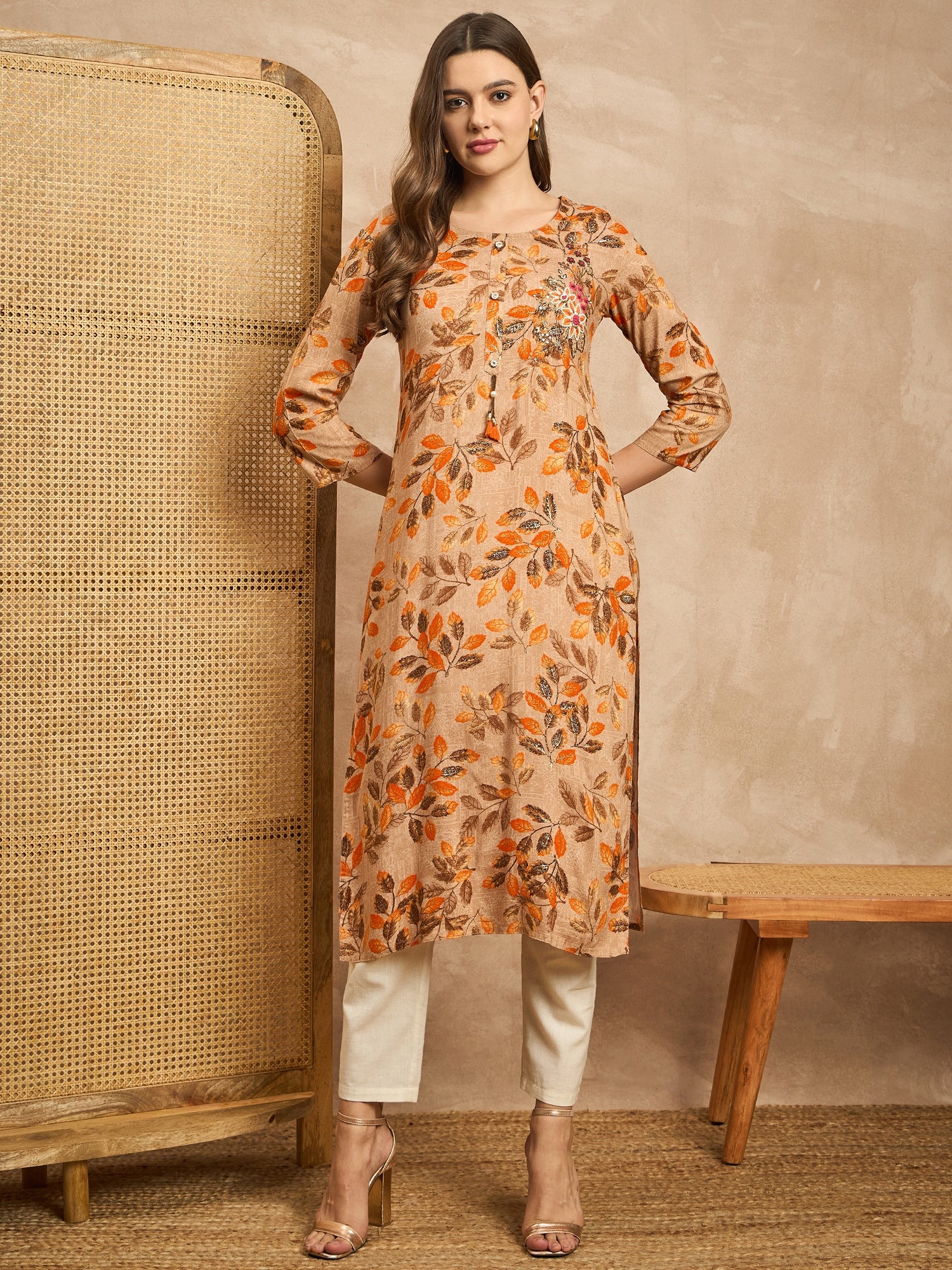 Floral Printed Beads and Stones Straight Kurta