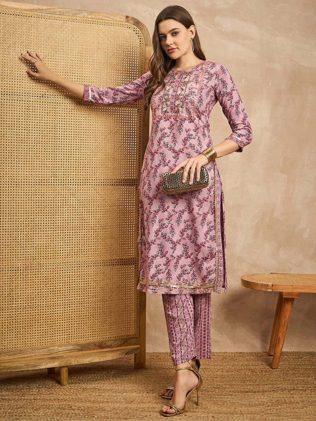 Women Floral Printed Regular Sequinned Kurta with Trousers