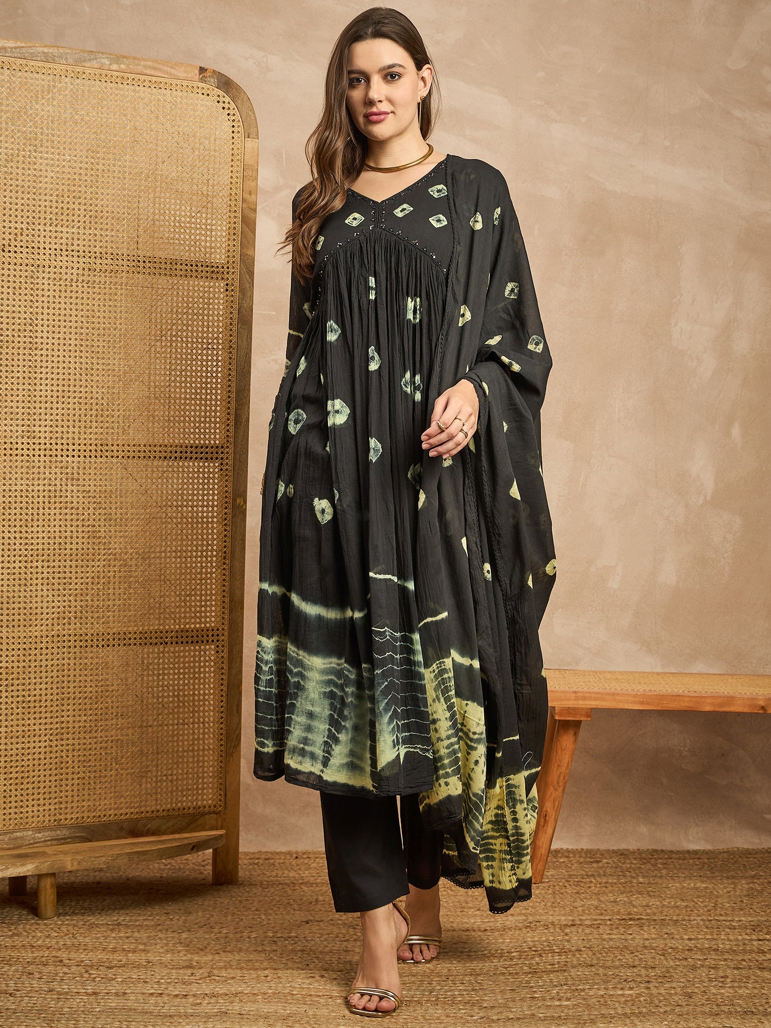 Women Bandhani Printed Beads and Stones Anarkali Kurta with Trousers & Dupatta