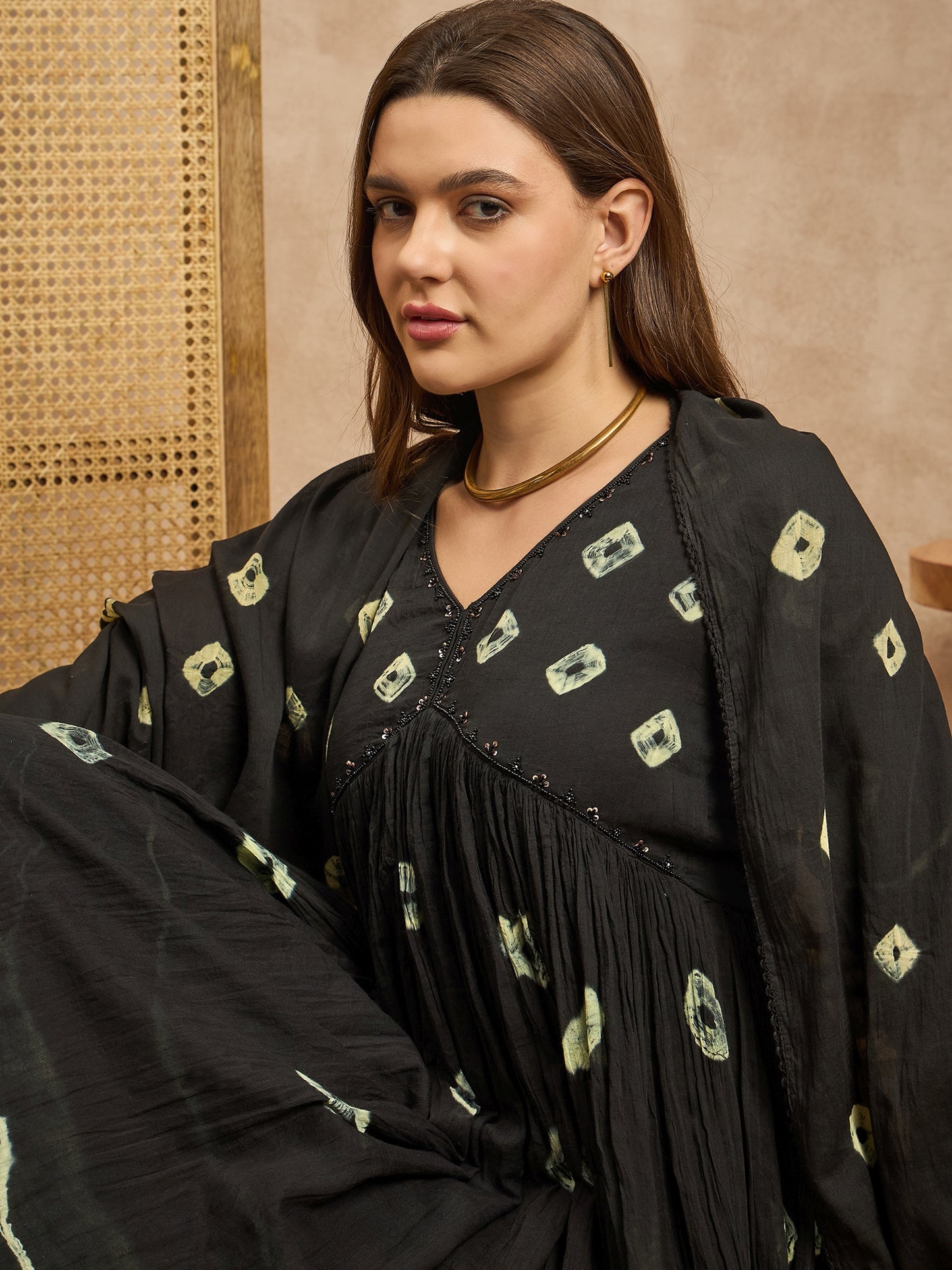 Women Bandhani Printed Beads and Stones Anarkali Kurta with Trousers & Dupatta