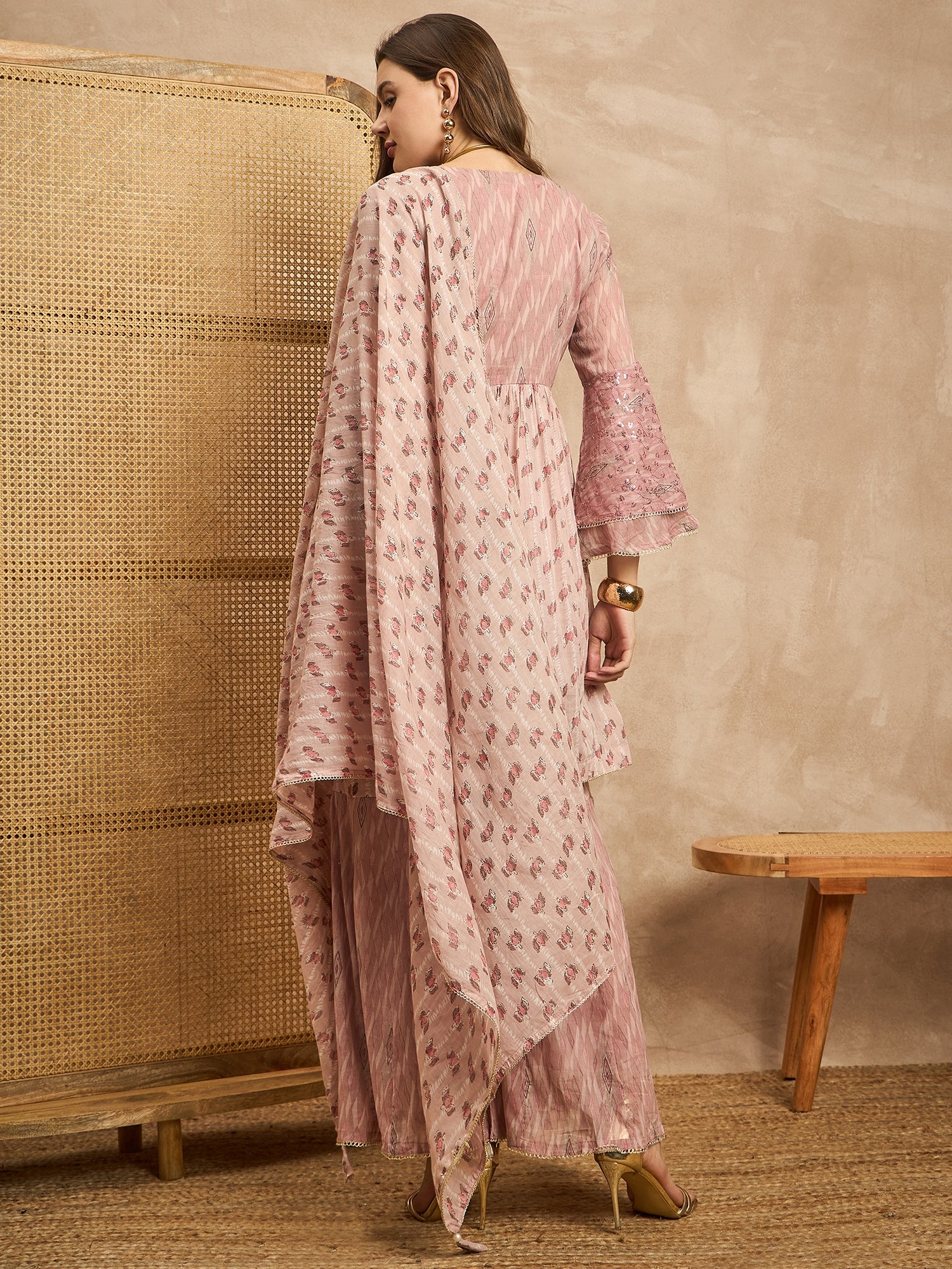 Women Floral Printed Empire Beads and Stones Kurta with Sharara & With Dupatta