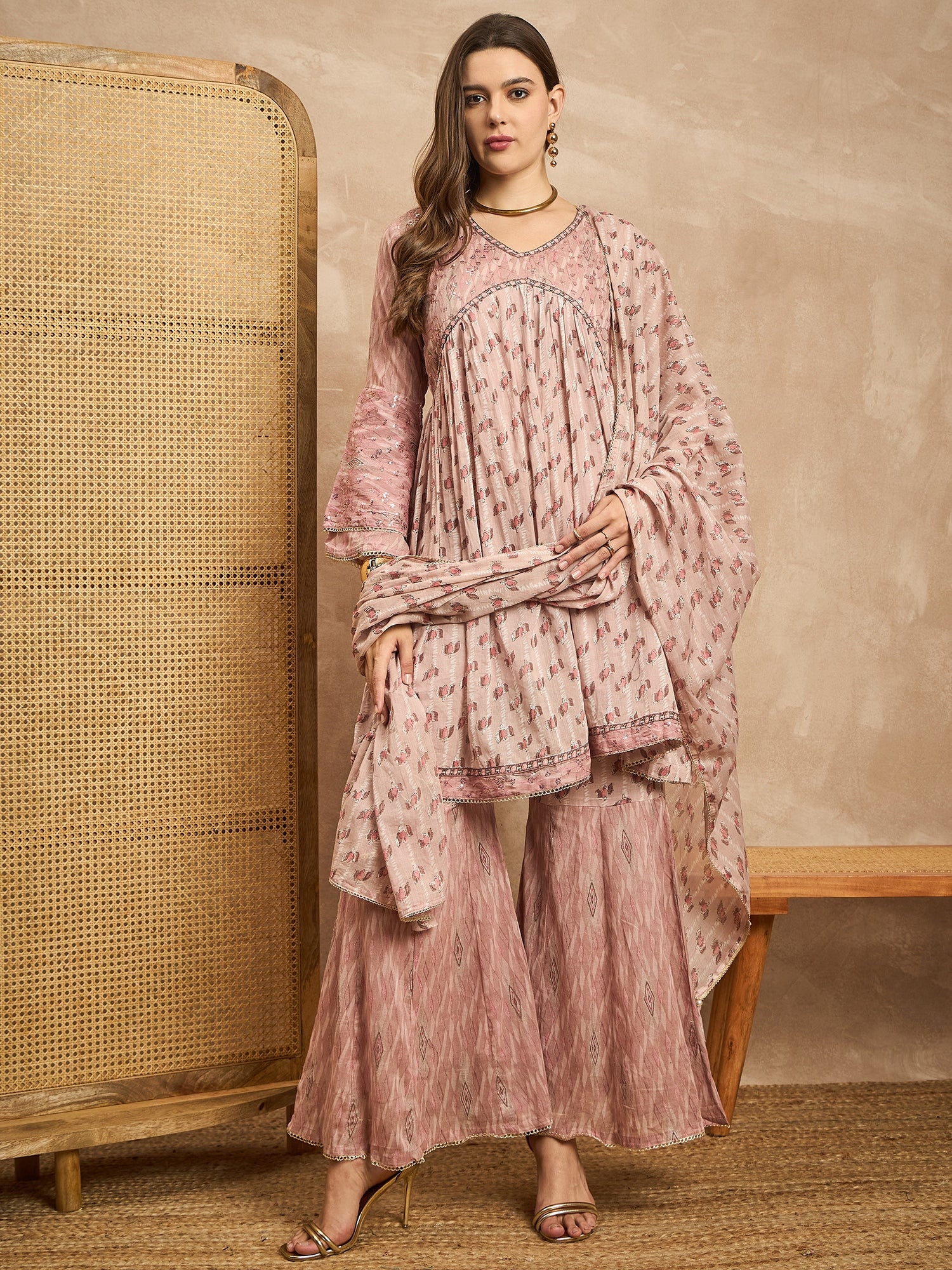 Women Floral Printed Empire Beads and Stones Kurta with Sharara & With Dupatta