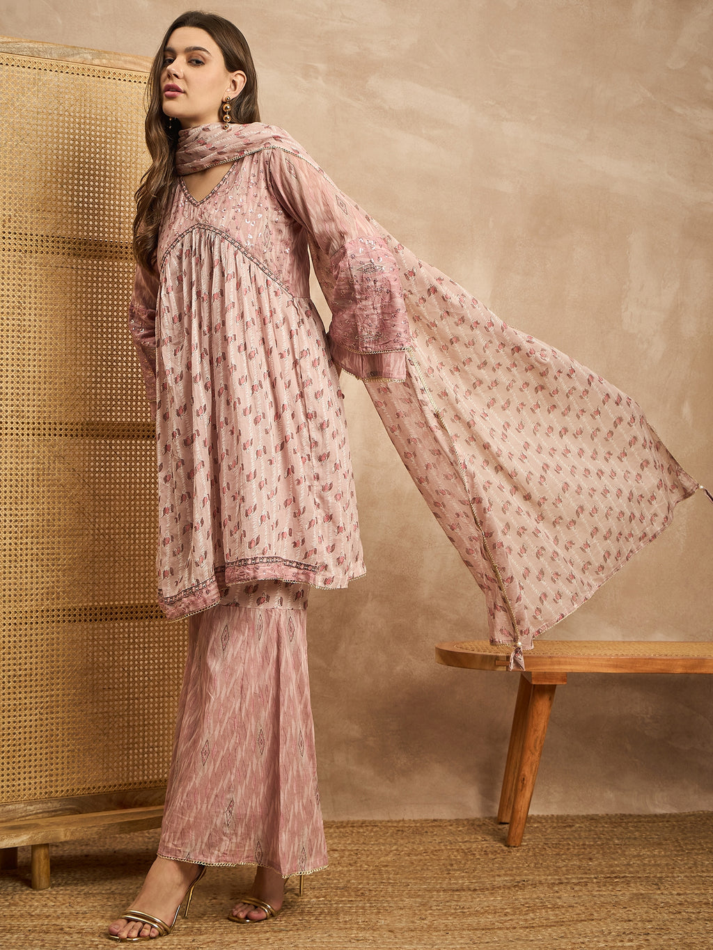 Women Floral Printed Empire Beads and Stones Kurta with Sharara & With Dupatta
