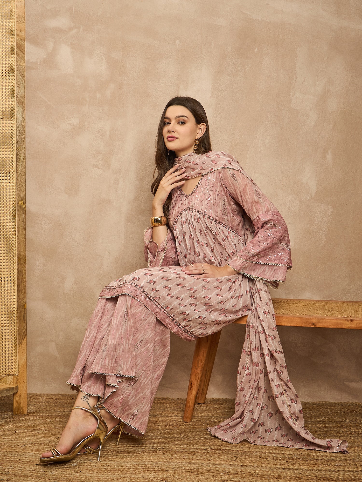 Women Floral Printed Empire Beads and Stones Kurta with Sharara & With Dupatta