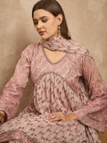 Women Floral Printed Empire Beads and Stones Kurta with Sharara & With Dupatta