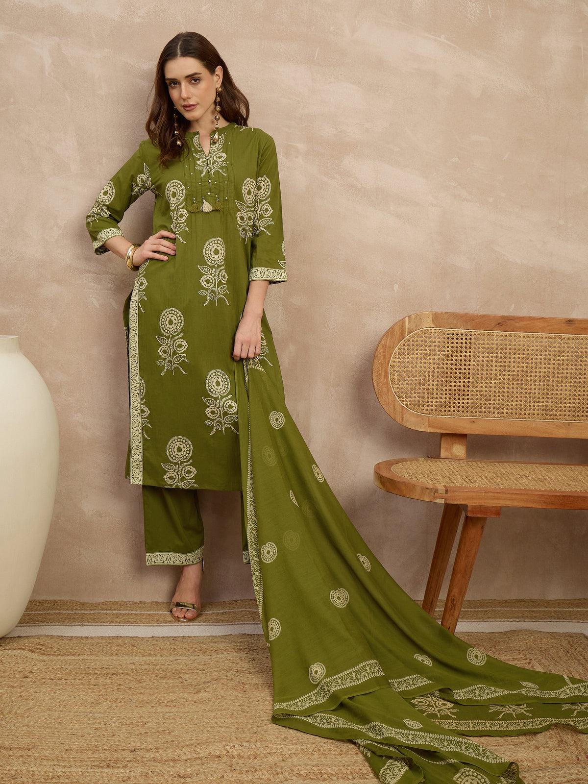 Women Ethnic Motifs Printed Regular Pure Cotton Kurta with Trousers & With Dupatta