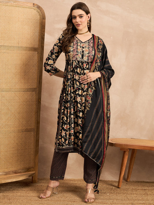 Floral Printed V-Neck Thread Work Pleated A-Line Kurta With Trousers & Dupatta