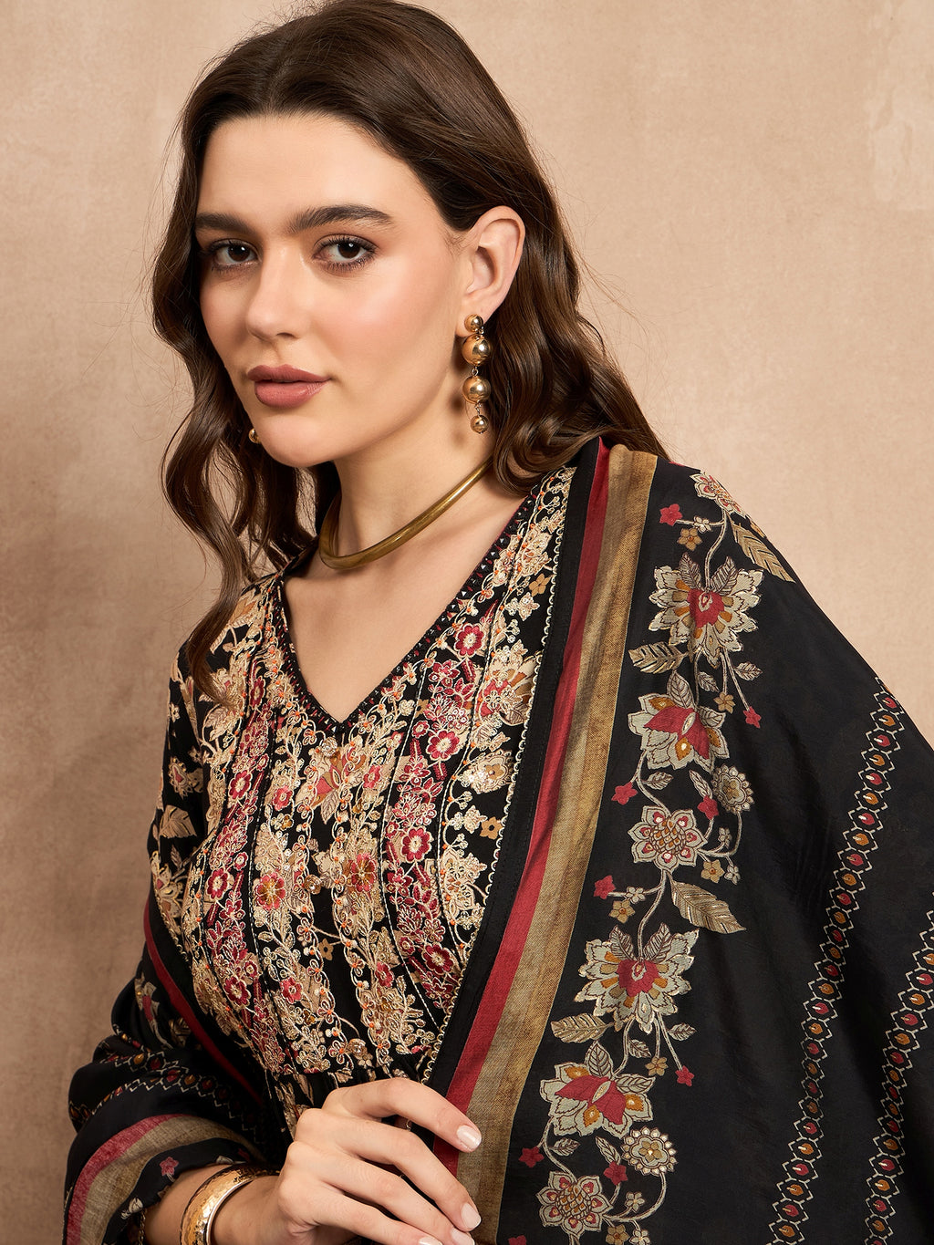Floral Printed V-Neck Thread Work Pleated A-Line Kurta With Trousers & Dupatta