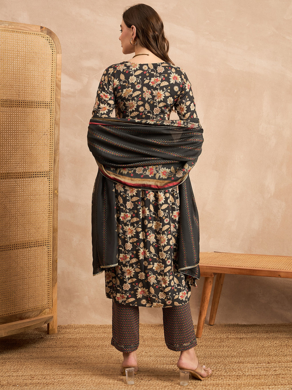 Floral Printed Pleated Thread Work Straight Kurta with Trouser & Dupatta