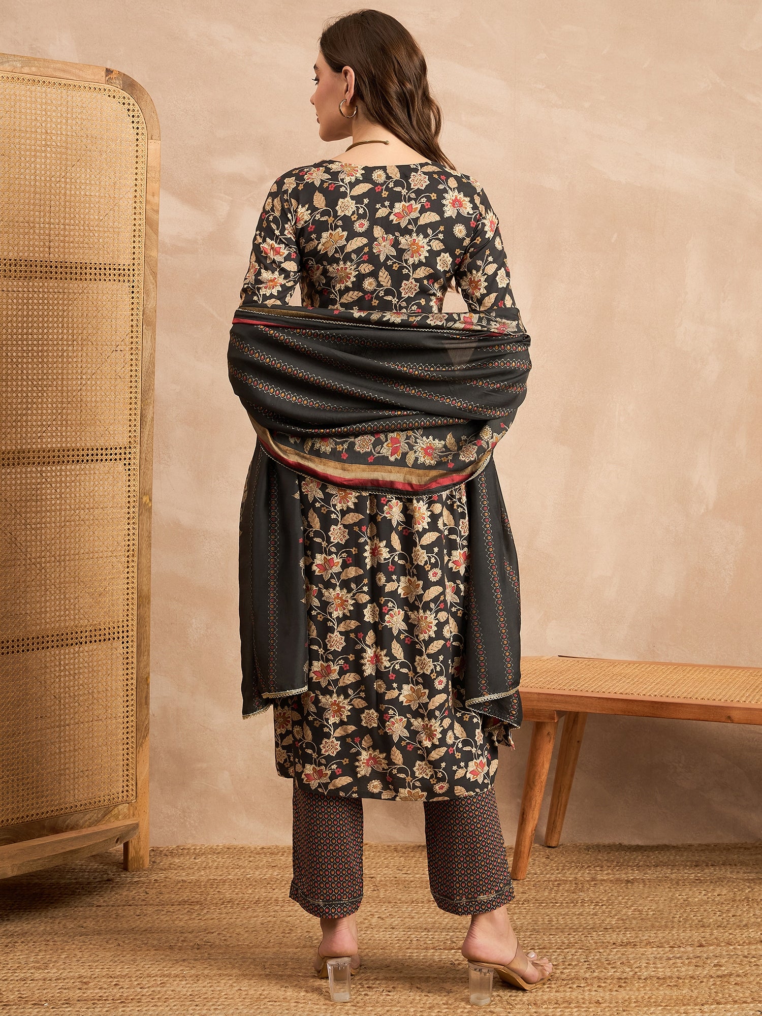 Floral Printed Pleated Thread Work Straight Kurta with Trouser & Dupatta