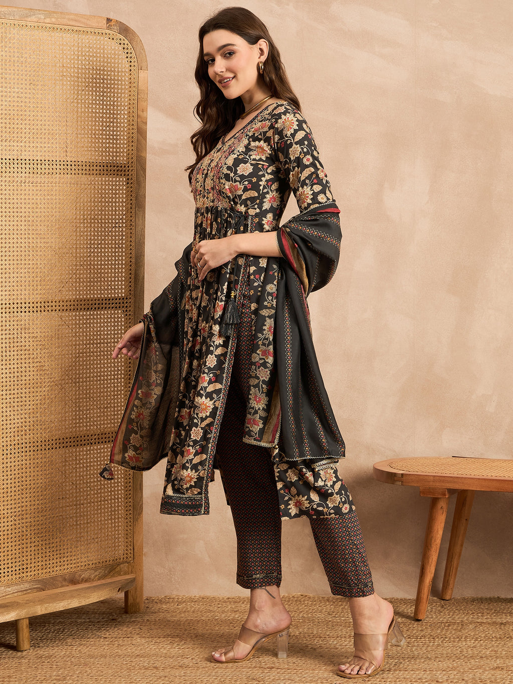 Floral Printed Pleated Thread Work Straight Kurta with Trouser & Dupatta