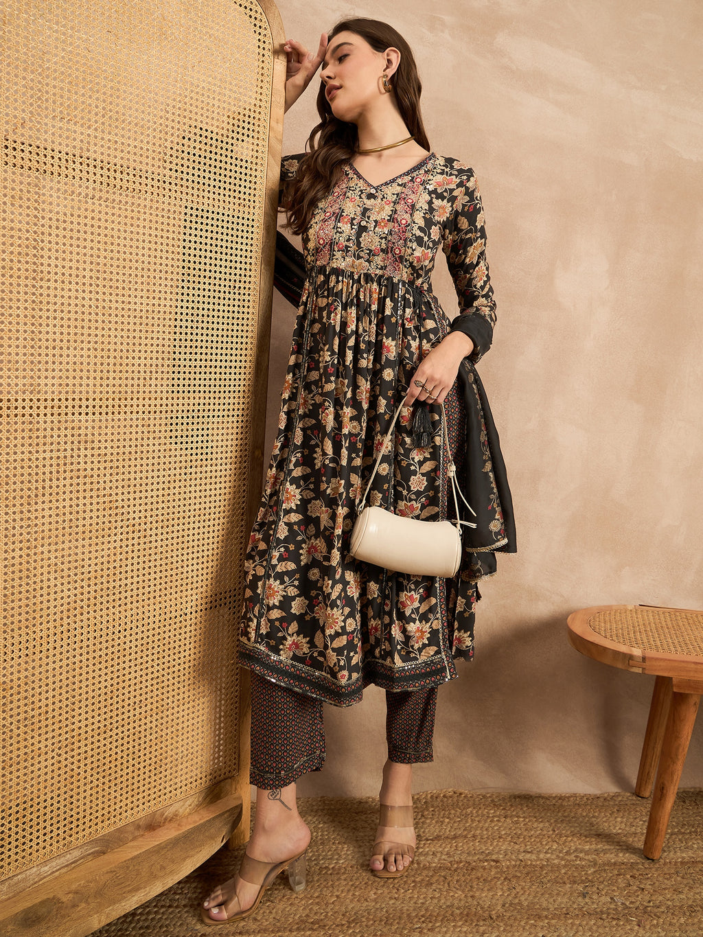 Floral Printed Pleated Thread Work Straight Kurta with Trouser & Dupatta
