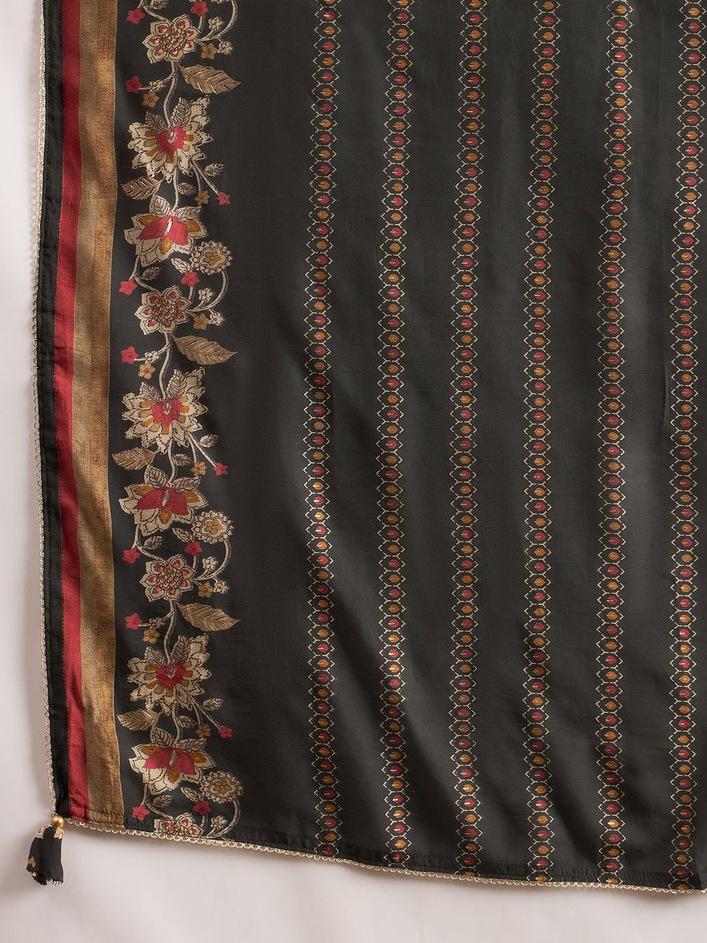 Floral Printed Pleated Thread Work Straight Kurta with Trouser & Dupatta