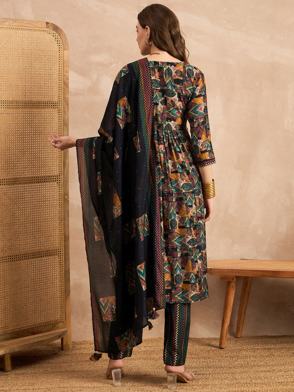 Geometric Printed Thread Work Pleated Chanderi Silk Kurta With Trousers & Dupatta