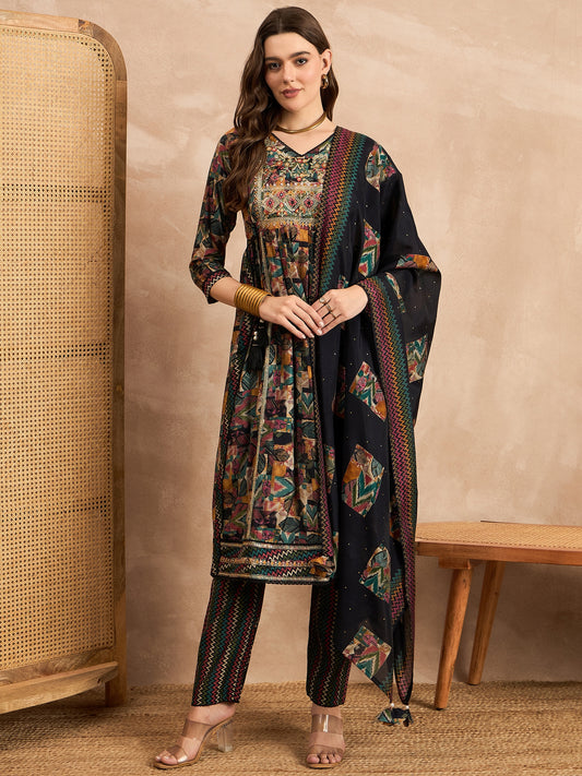 Geometric Printed Thread Work Pleated Chanderi Silk Kurta With Trousers & Dupatta