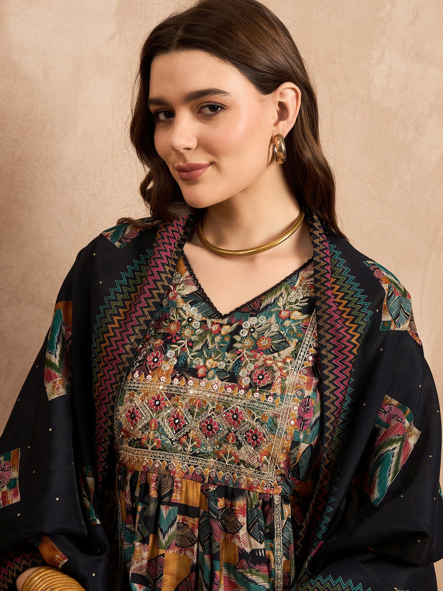 Geometric Printed Thread Work Pleated Chanderi Silk Kurta With Trousers & Dupatta