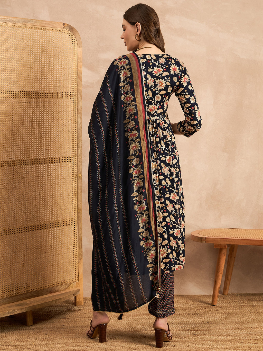 Ethnic Motifs Printed Pleated Mirror Work A-Line Kurta with Trousers & Dupatta