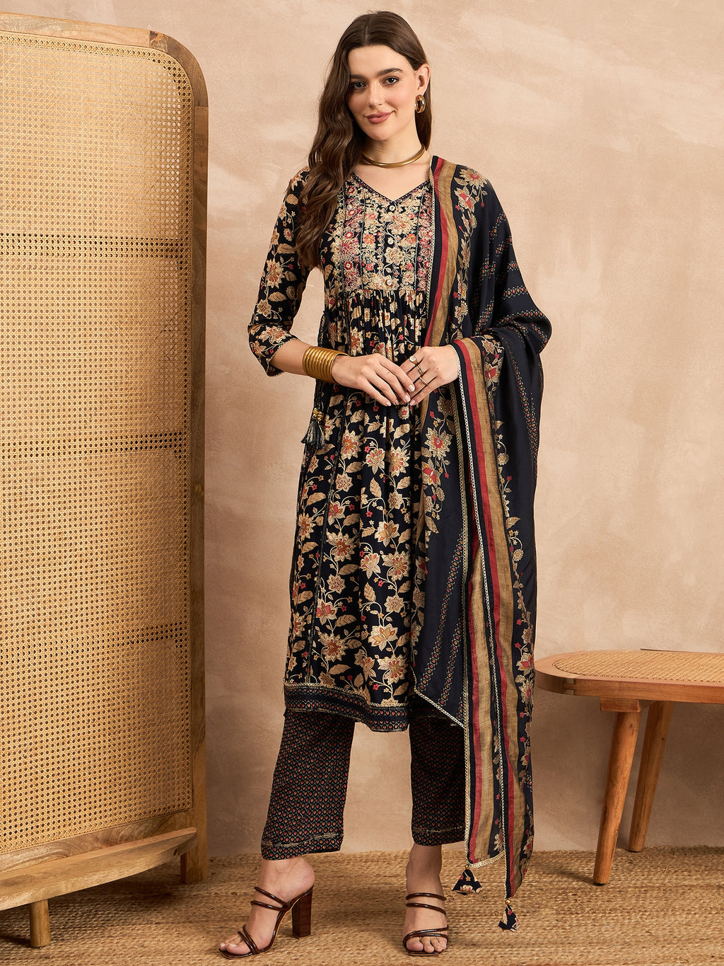 Ethnic Motifs Printed Pleated Mirror Work A-Line Kurta with Trousers & Dupatta