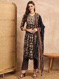 Ethnic Motifs Printed Pleated Mirror Work A-Line Kurta with Trousers & Dupatta