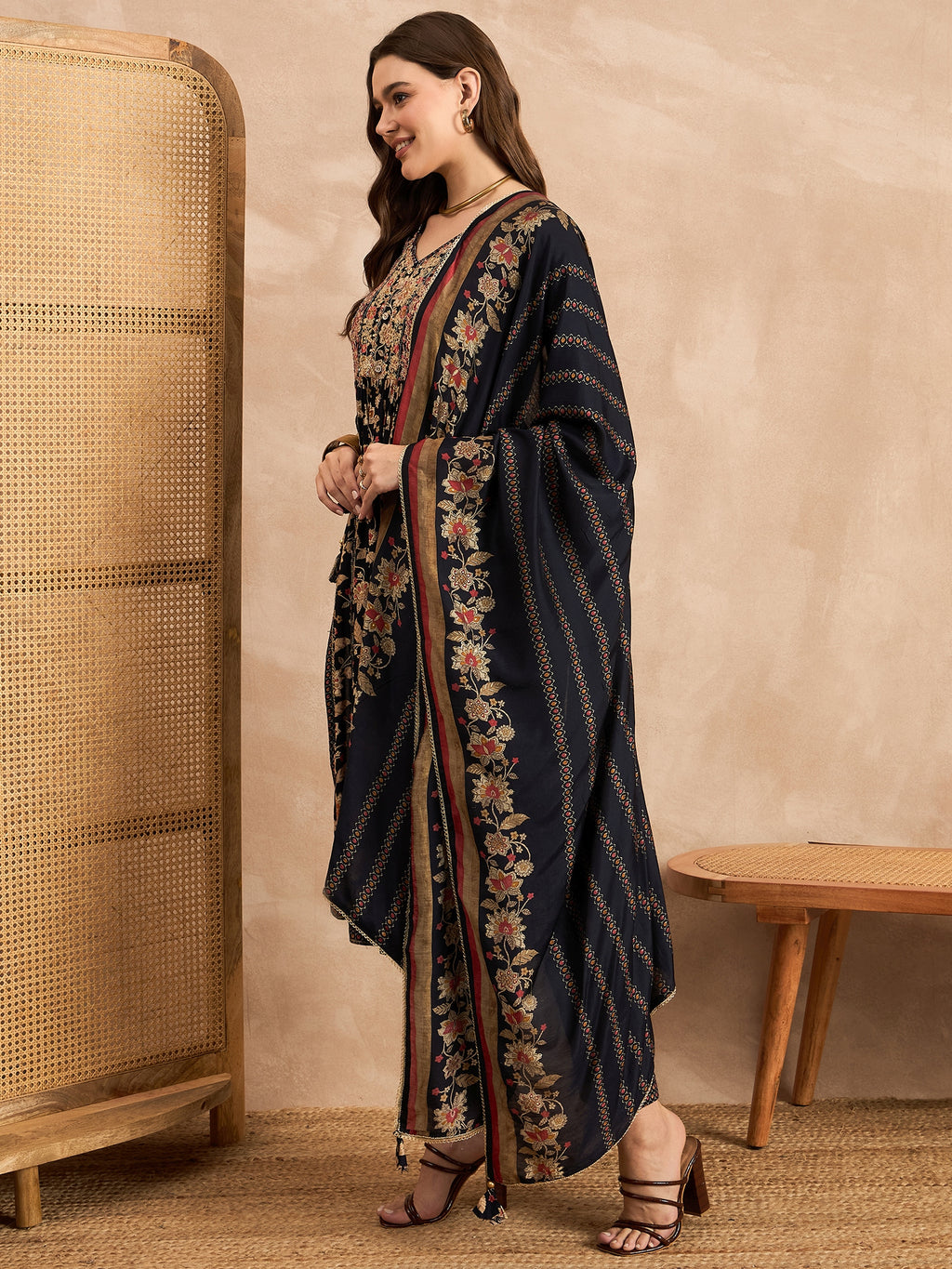 Ethnic Motifs Printed Pleated Mirror Work A-Line Kurta with Trousers & Dupatta