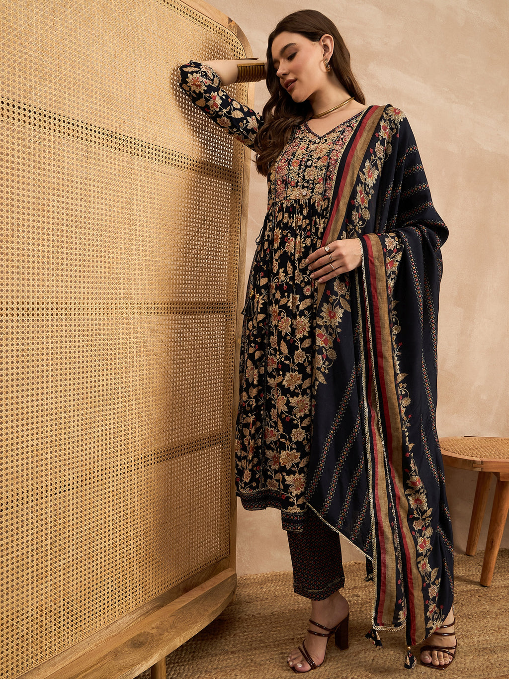 Ethnic Motifs Printed Pleated Mirror Work A-Line Kurta with Trousers & Dupatta