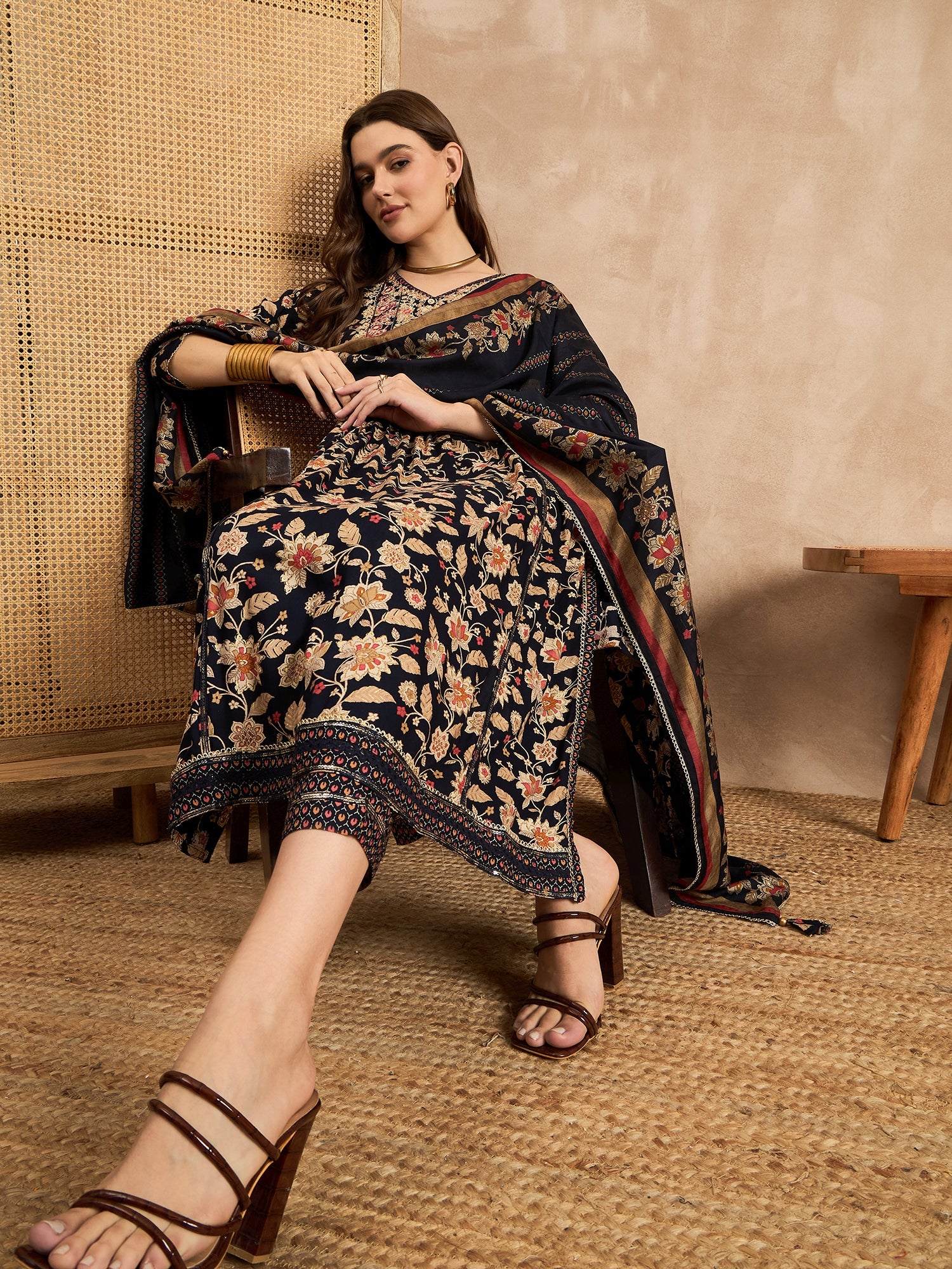 Ethnic Motifs Printed Pleated Mirror Work A-Line Kurta with Trousers & Dupatta
