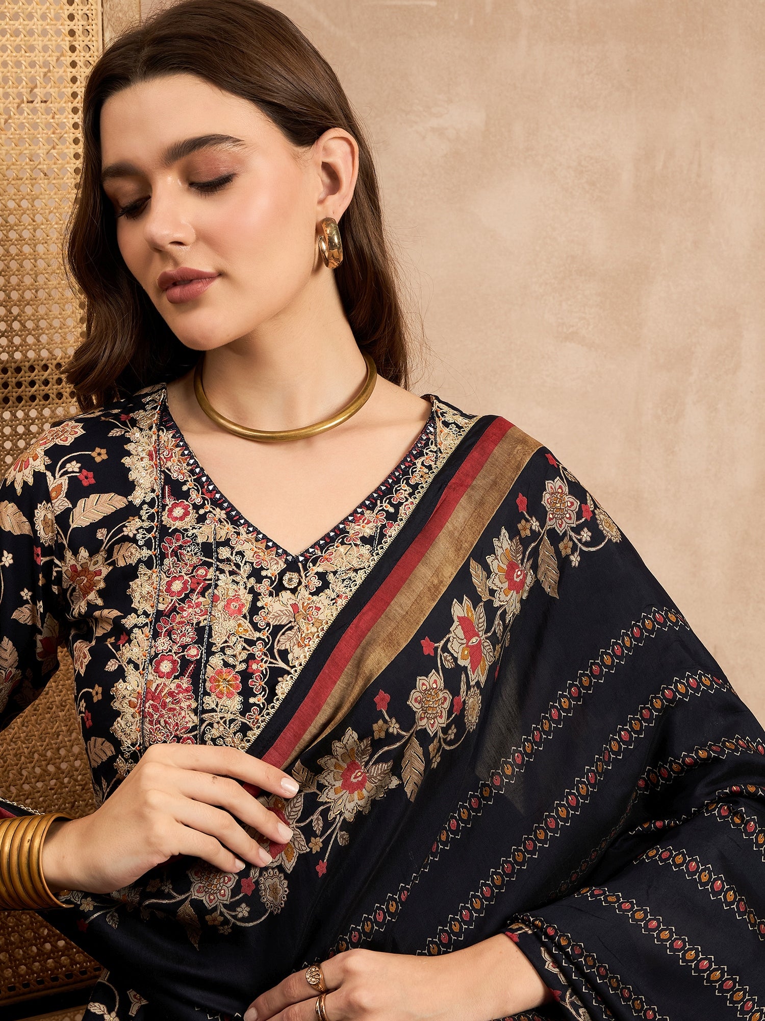 Ethnic Motifs Printed Pleated Mirror Work A-Line Kurta with Trousers & Dupatta