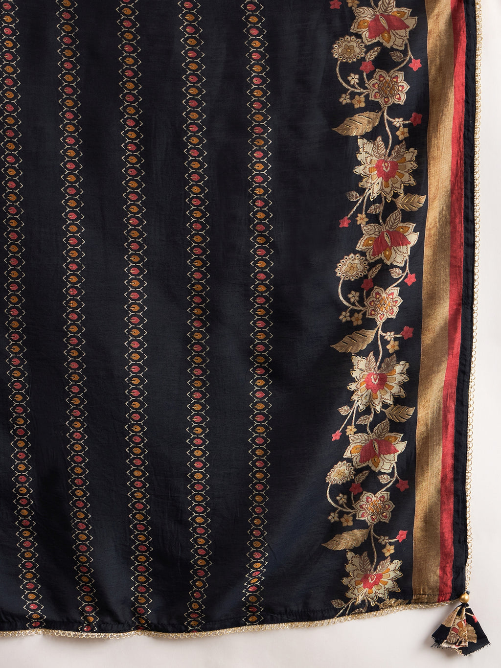 Ethnic Motifs Printed Pleated Mirror Work A-Line Kurta with Trousers & Dupatta