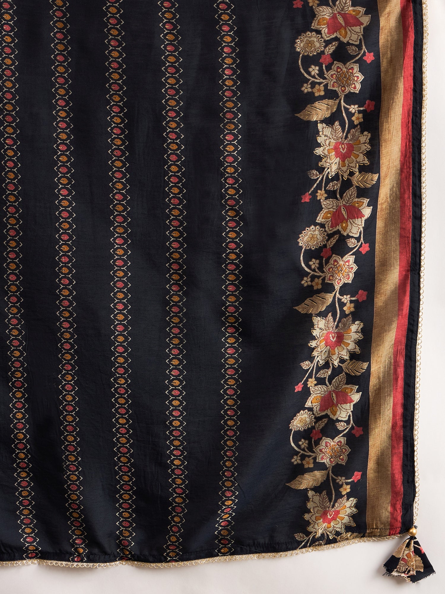 Ethnic Motifs Printed Pleated Mirror Work A-Line Kurta with Trousers & Dupatta