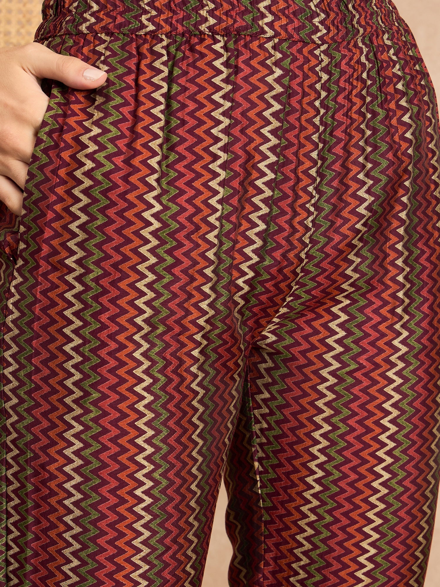 Geometric Printed Pleated Chanderi Silk Straight Kurta with Trousers & Dupatta