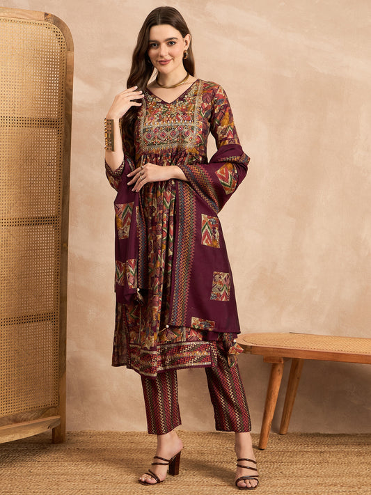 Geometric Printed Pleated Chanderi Silk Straight Kurta with Trousers & Dupatta