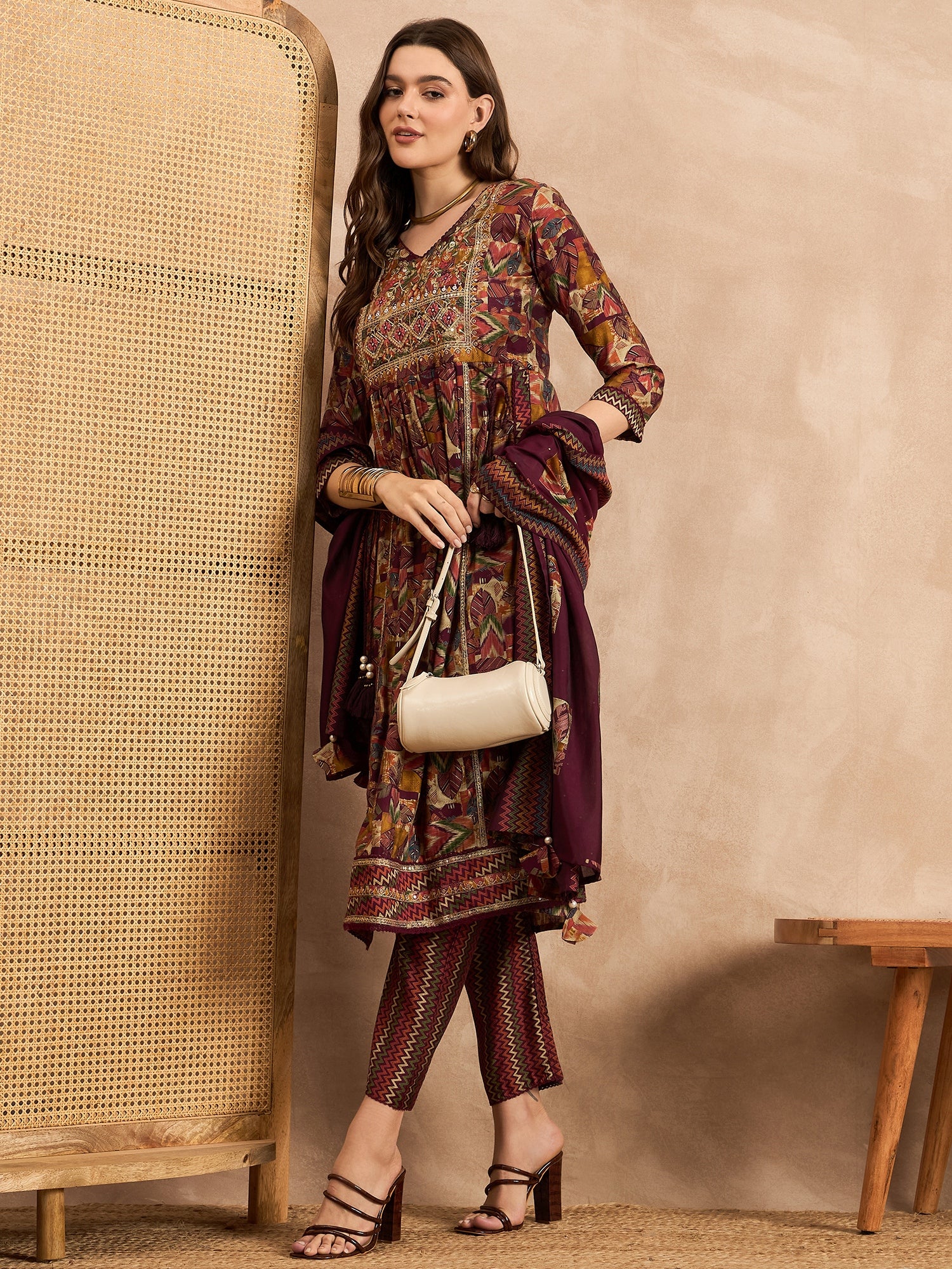 Geometric Printed Pleated Chanderi Silk Straight Kurta with Trousers & Dupatta