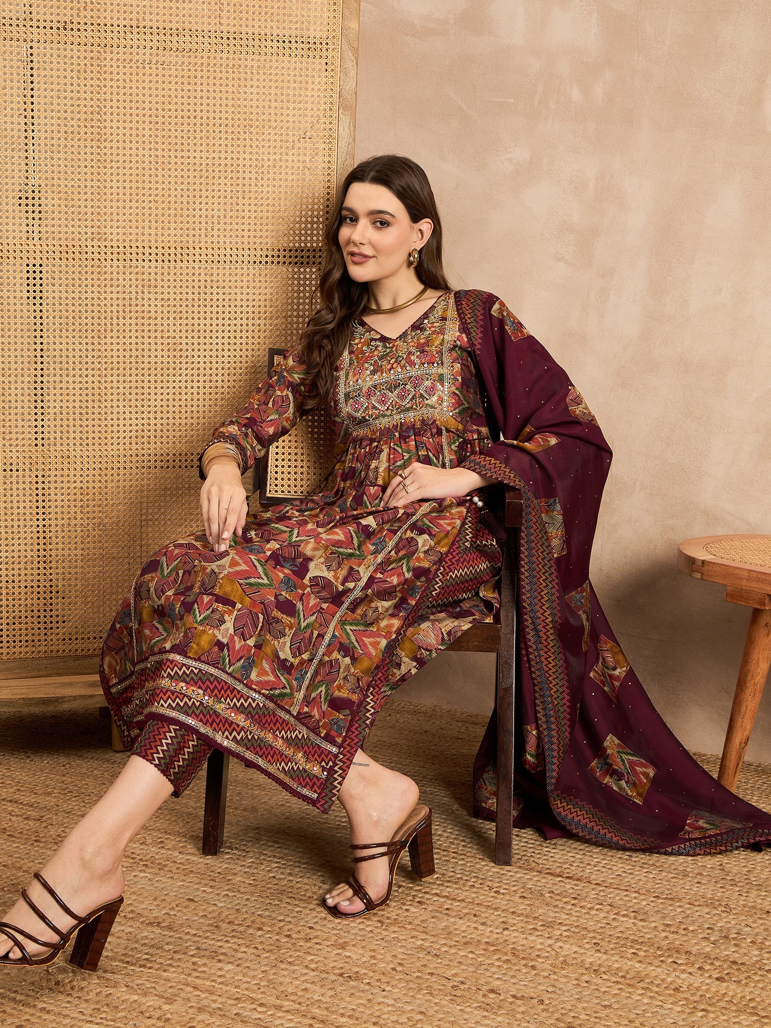Geometric Printed Pleated Chanderi Silk Straight Kurta with Trousers & Dupatta