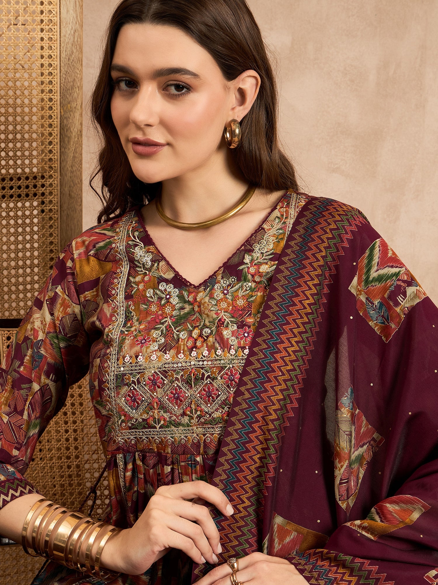 Geometric Printed Pleated Chanderi Silk Straight Kurta with Trousers & Dupatta
