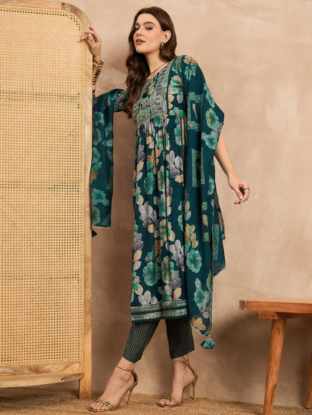 Floral Printed Mirror Work Pleated Chanderi Silk A-Line Kurta With Trouser & Dupatta