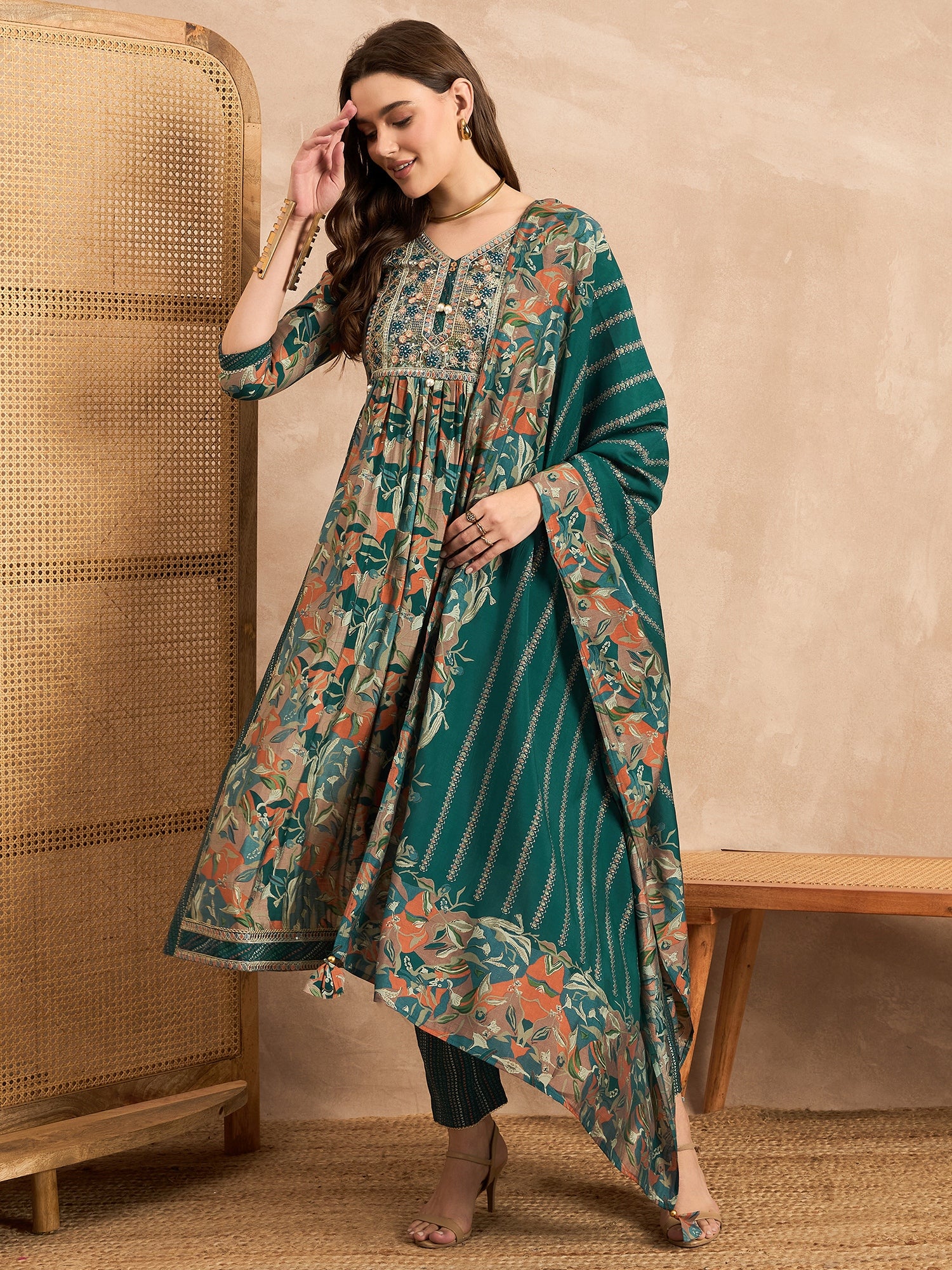 Floral Embroidered Pleated Chanderi Silk A-Line Kurta with Trousers & Dupatta