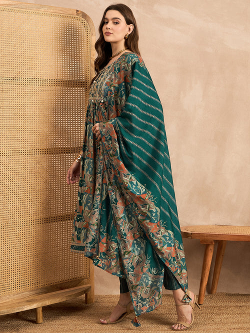 Floral Embroidered Pleated Chanderi Silk A-Line Kurta with Trousers & Dupatta